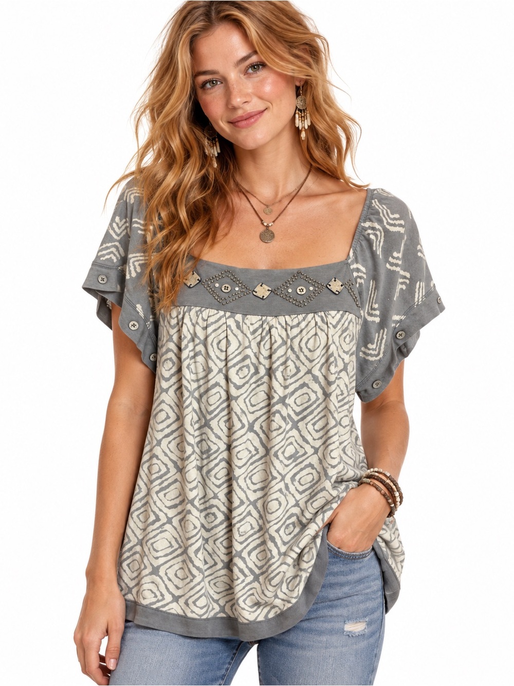 Vintage Tweeds Gray Cream Geometric Boho Tunic Top Embellished Babydoll Medium